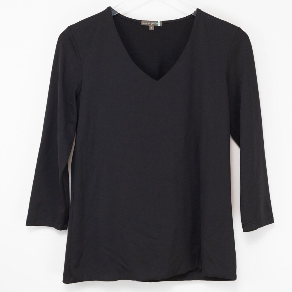 JudyP Karen Top V-Neck 3/4 Sleeve Shirt Relaxed Fit Stretch Black Size Small - Picture 1 of 6